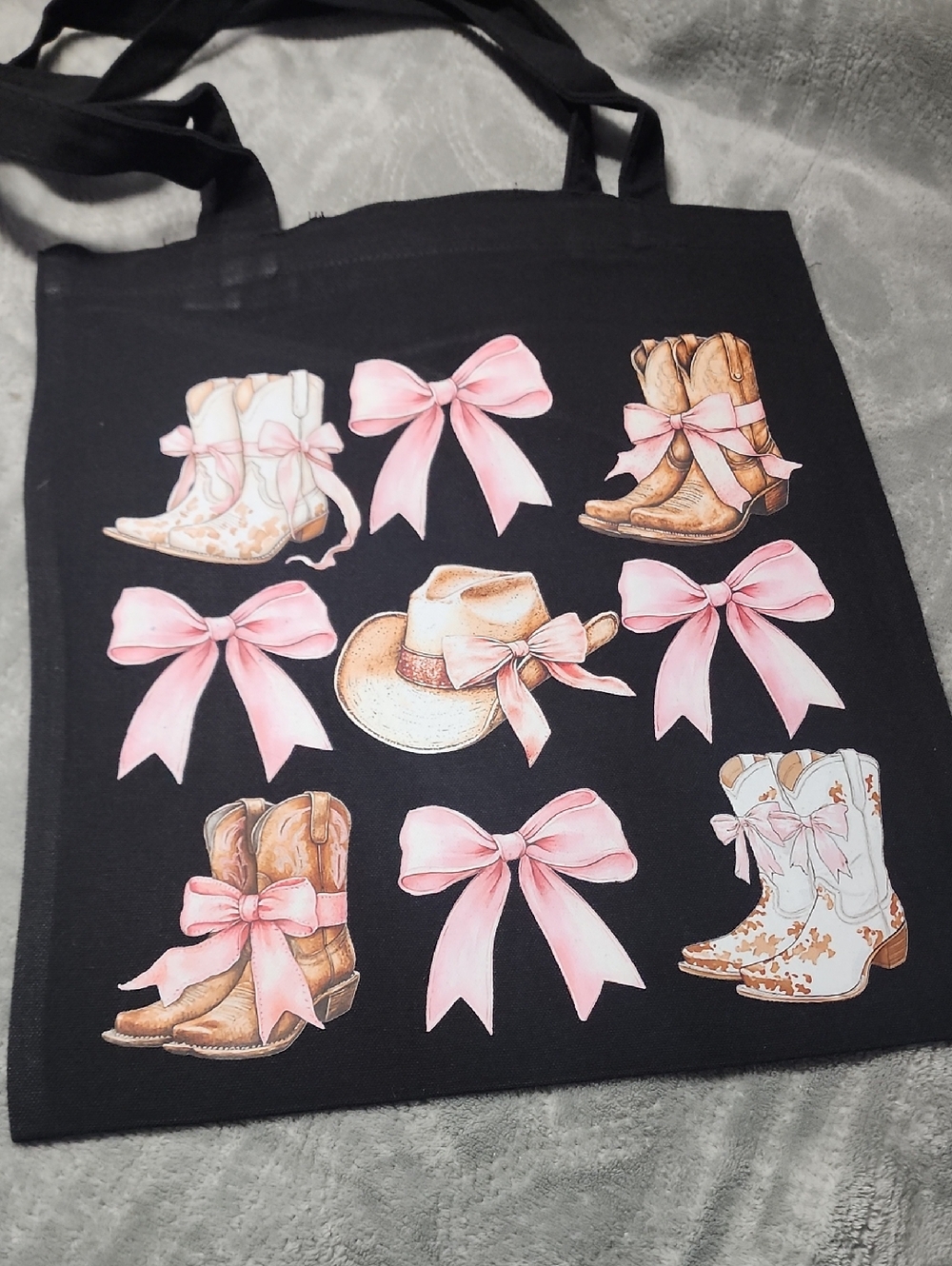 Cowboy Boots & Bows Graphic Tote — Black with Pink Accents. 13x15.